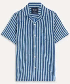 Drakes Shirts^Indigo Stripe Block Print Short-Sleeve Shirt