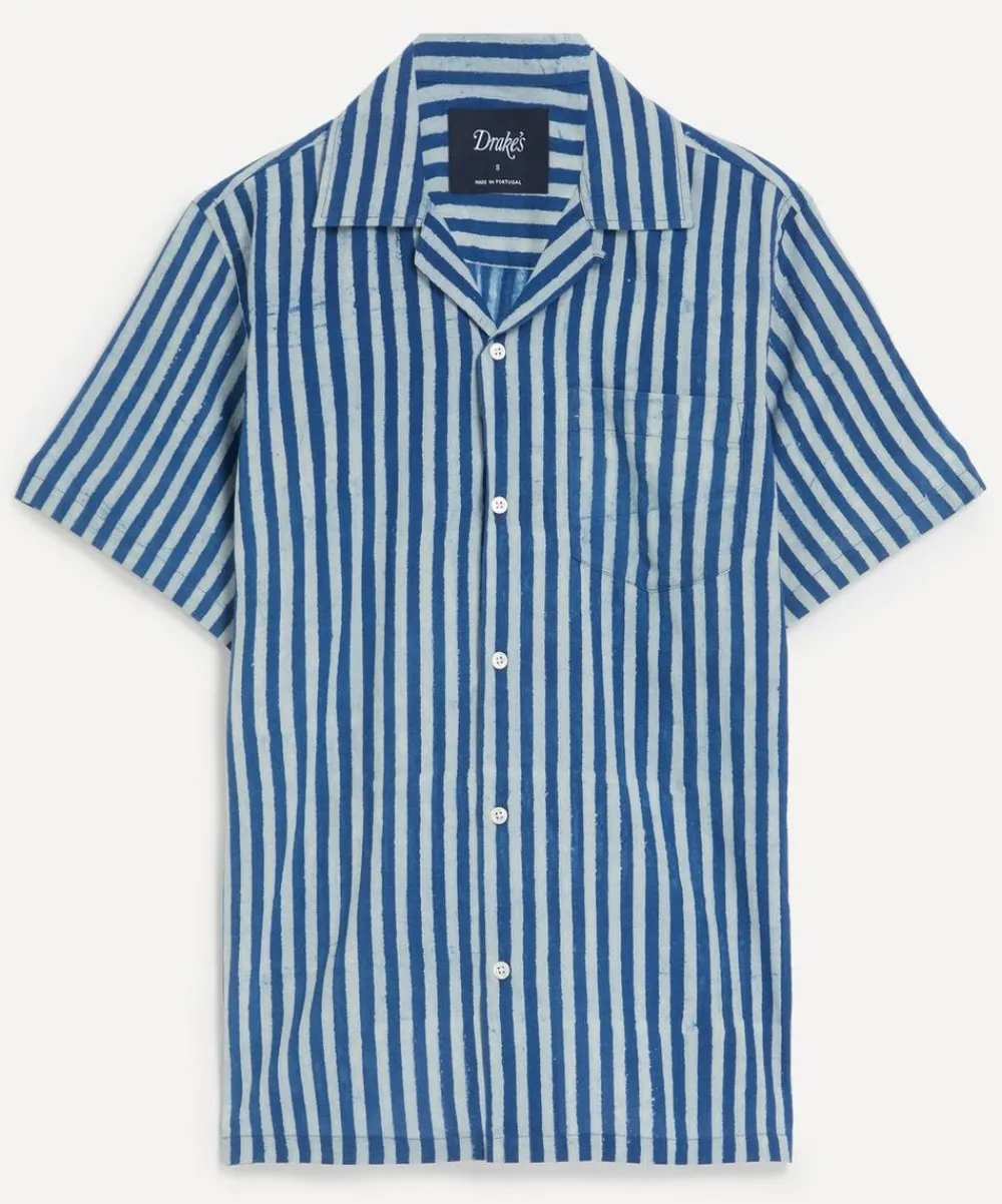 Drakes Shirts^Indigo Stripe Block Print Short-Sleeve Shirt