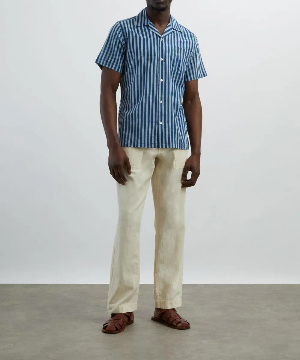 Drakes Shirts^Indigo Stripe Block Print Short-Sleeve Shirt
