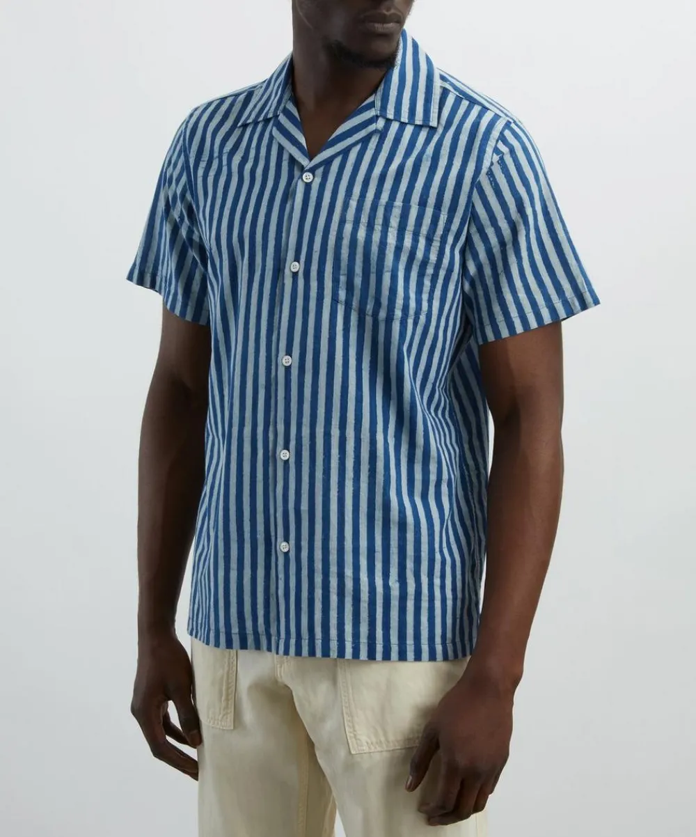 Drakes Shirts^Indigo Stripe Block Print Short-Sleeve Shirt