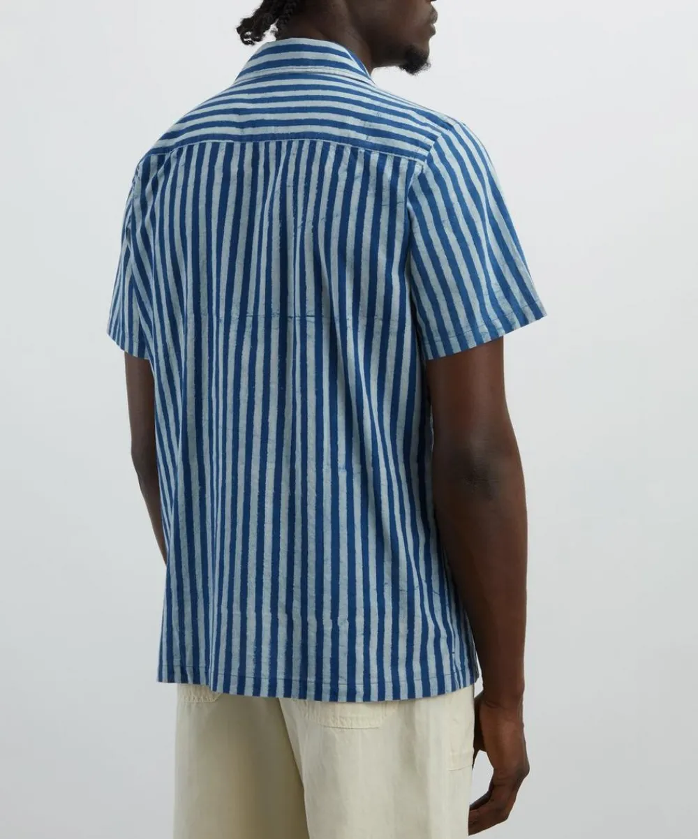 Drakes Shirts^Indigo Stripe Block Print Short-Sleeve Shirt