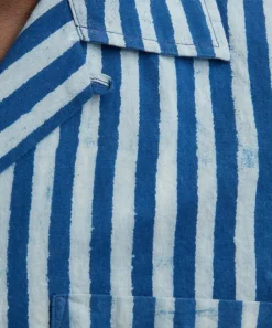Drakes Shirts^Indigo Stripe Block Print Short-Sleeve Shirt