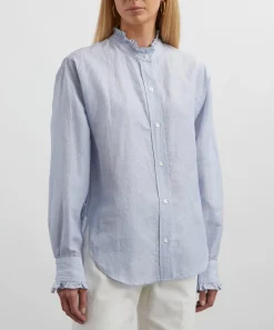Mondo Corsini Tops^Jo Blue-White Pinstripe Linen Weave Blouse