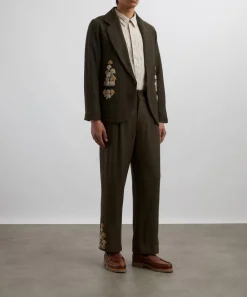 Kartik Research Trousers^Khaki Double Pleat Hand-Embroidered Trousers