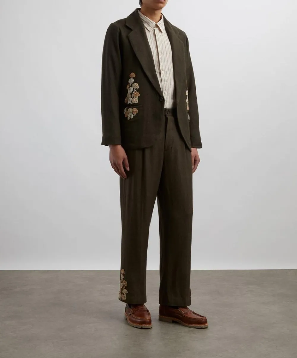 Kartik Research Trousers^Khaki Double Pleat Hand-Embroidered Trousers
