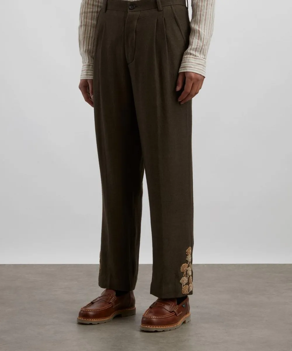 Kartik Research Trousers^Khaki Double Pleat Hand-Embroidered Trousers