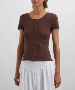 Peachy Den Tops^Marie Knit Chocolate Polo Top