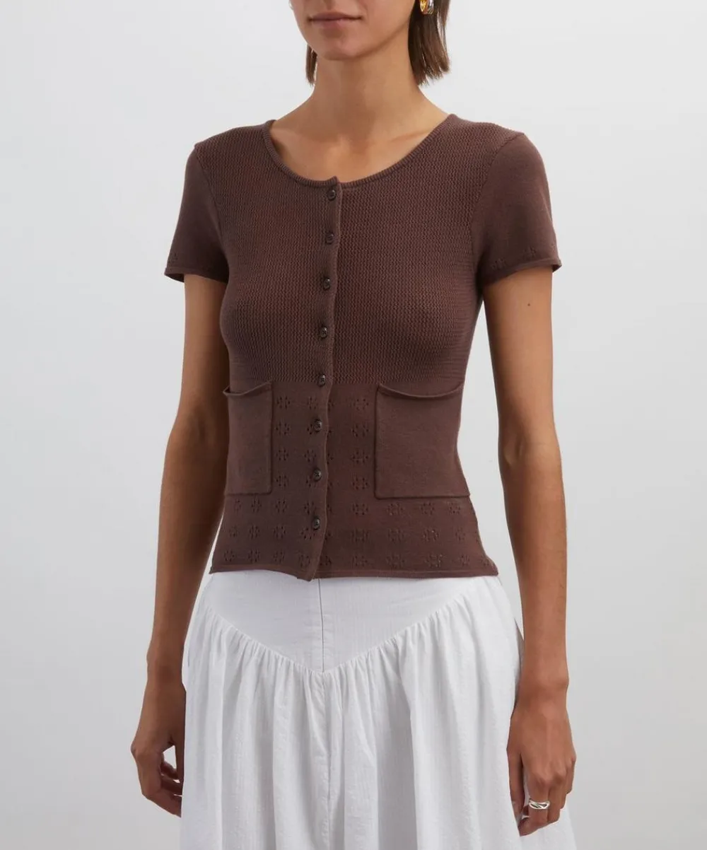 Peachy Den Tops^Marie Knit Chocolate Polo Top