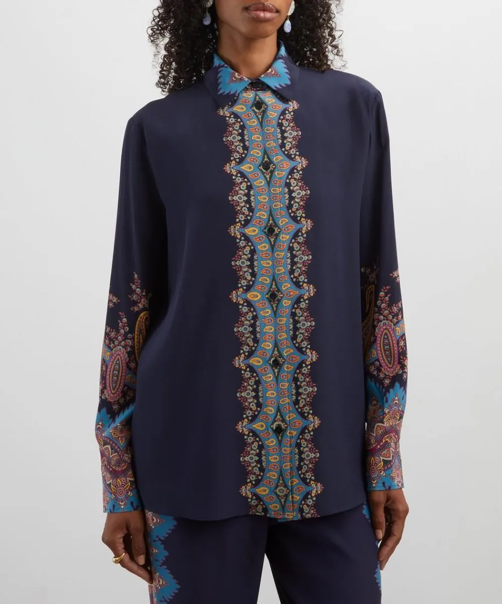 Etro Tops^Navy Placed Paisley Silk Shirt