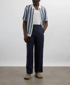 Wax London Knitwear & Sweats^Porto Blue And Ecru Stripe Crochet Knitted Polo Shirt