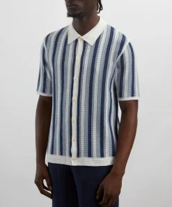 Wax London Knitwear & Sweats^Porto Blue And Ecru Stripe Crochet Knitted Polo Shirt