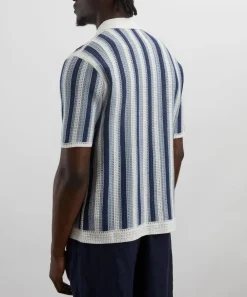 Wax London Knitwear & Sweats^Porto Blue And Ecru Stripe Crochet Knitted Polo Shirt