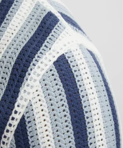 Wax London Knitwear & Sweats^Porto Blue And Ecru Stripe Crochet Knitted Polo Shirt