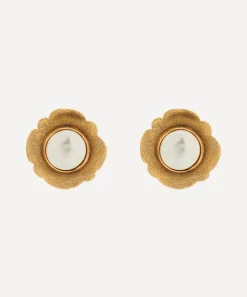 Designer Vintage Earrings^1980’s Chanel Gilt And Faux Pearl Camellia Earrings