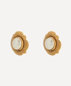 Designer Vintage Earrings^1980’s Chanel Gilt And Faux Pearl Camellia Earrings