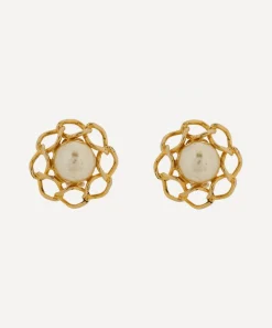 Designer Vintage Earrings^1980’s Chanel Gilt And Faux Pearl Camellia Earrings