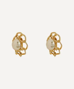 Designer Vintage Earrings^1980’s Chanel Gilt And Faux Pearl Camellia Earrings