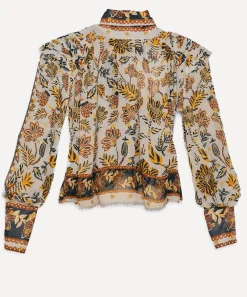 FARM Rio Tops^Silver Floral Tapestry Long Sleeve Blouse