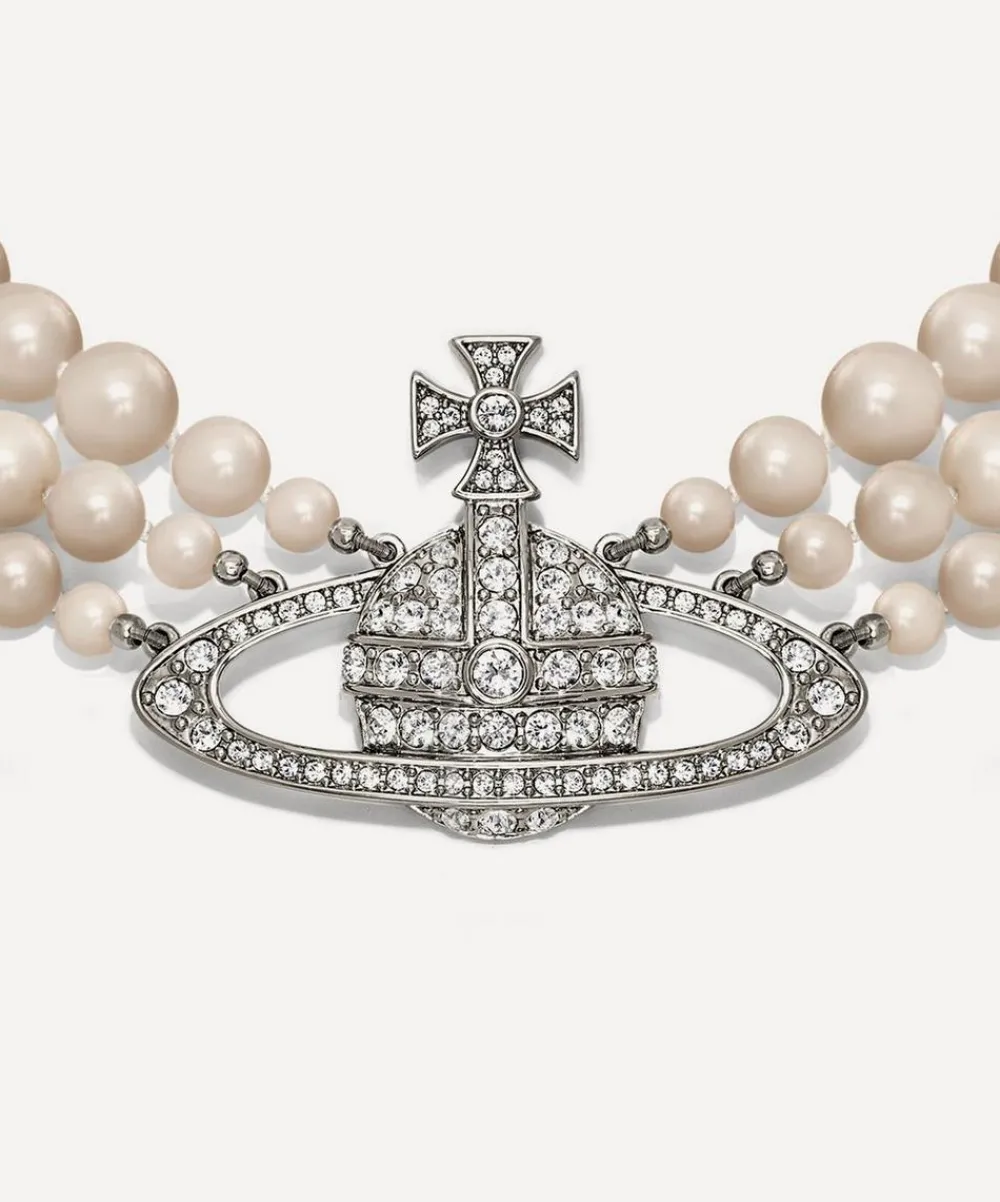 Vivienne Westwood Necklaces^Silver-Tone Three Row Pearl Bas Relief Choker Necklace