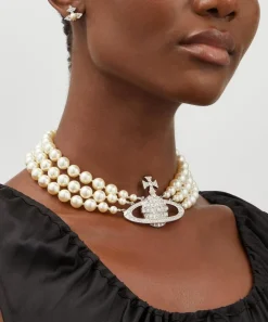 Vivienne Westwood Necklaces^Silver-Tone Three Row Pearl Bas Relief Choker Necklace