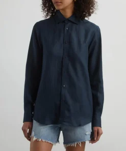 With Nothing Underneath Tops^The Boyfriend Navy Blue Linen Shirt