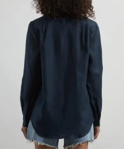 With Nothing Underneath Tops^The Boyfriend Navy Blue Linen Shirt