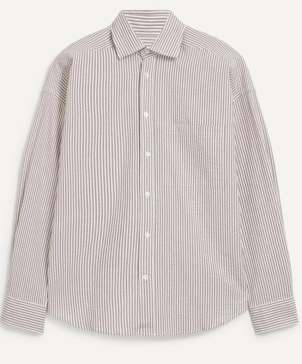 With Nothing Underneath Tops^The Weekend Seersucker Mocha Stripe Shirt
