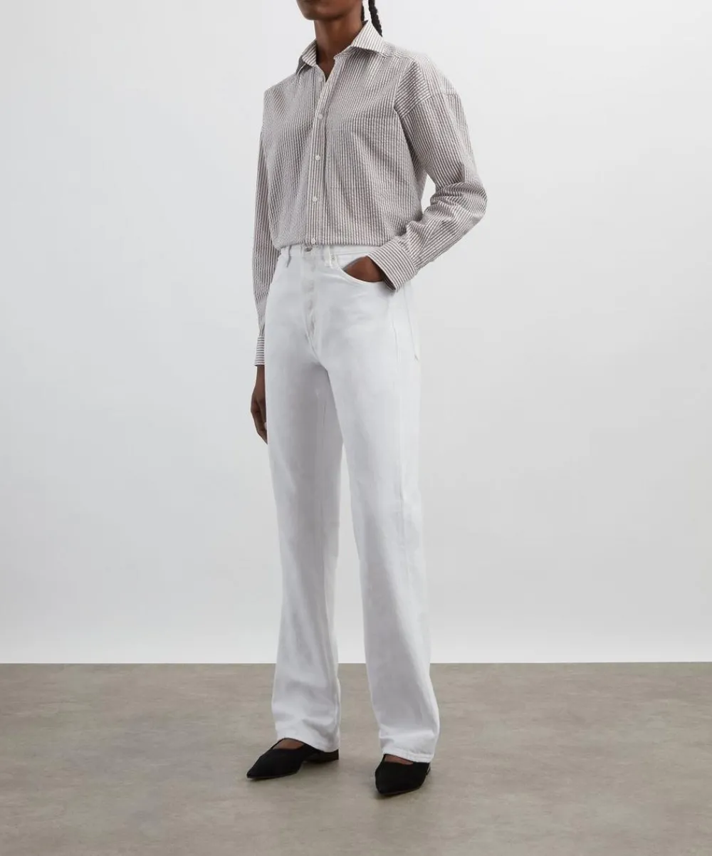 With Nothing Underneath Tops^The Weekend Seersucker Mocha Stripe Shirt