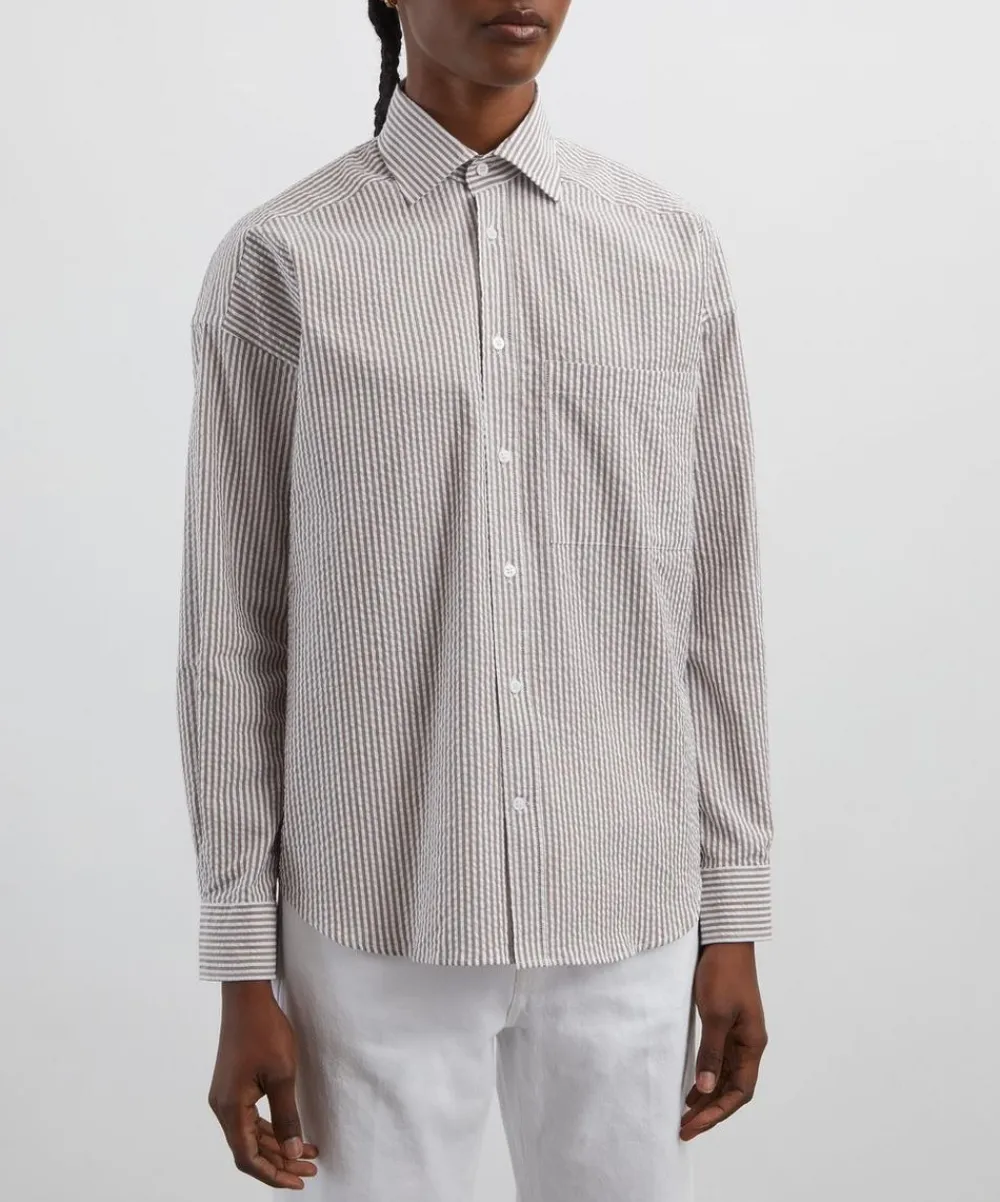 With Nothing Underneath Tops^The Weekend Seersucker Mocha Stripe Shirt
