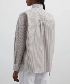 With Nothing Underneath Tops^The Weekend Seersucker Mocha Stripe Shirt