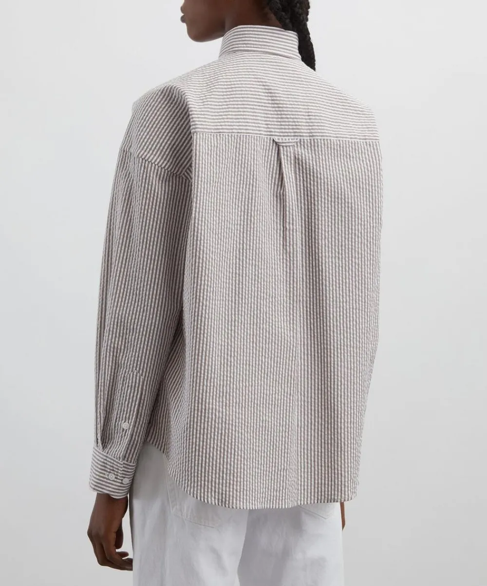 With Nothing Underneath Tops^The Weekend Seersucker Mocha Stripe Shirt
