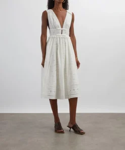 Self-Portrait Dresses^White Cotton Broderie Midi Dress