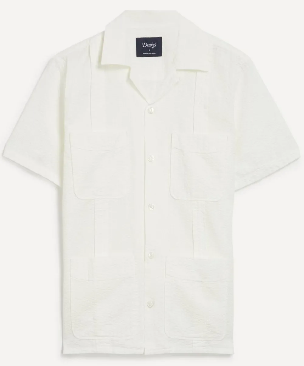 Drakes Shirts^White Cotton-Linen Seersucker Short-Sleeve Shirt