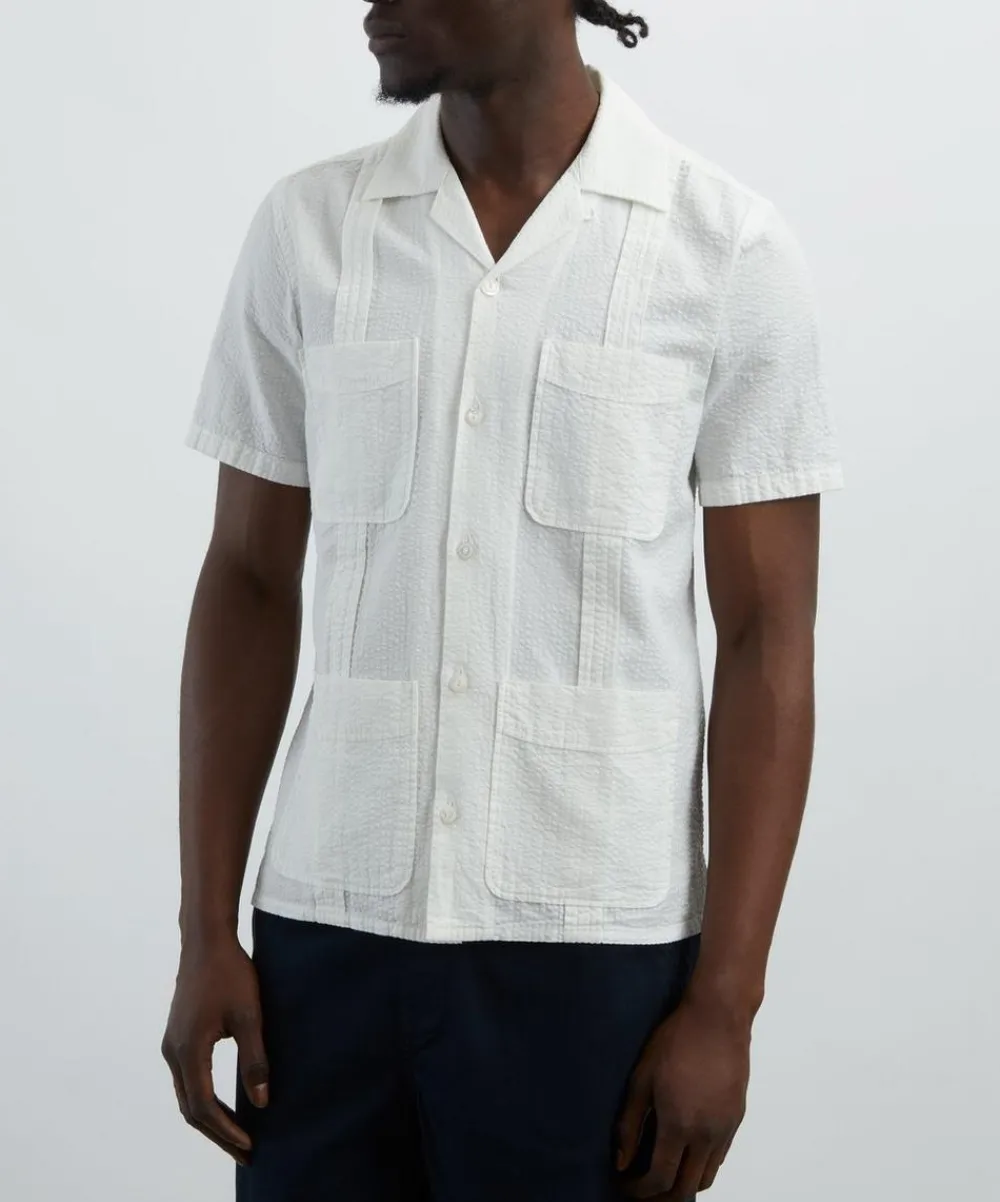 Drakes Shirts^White Cotton-Linen Seersucker Short-Sleeve Shirt
