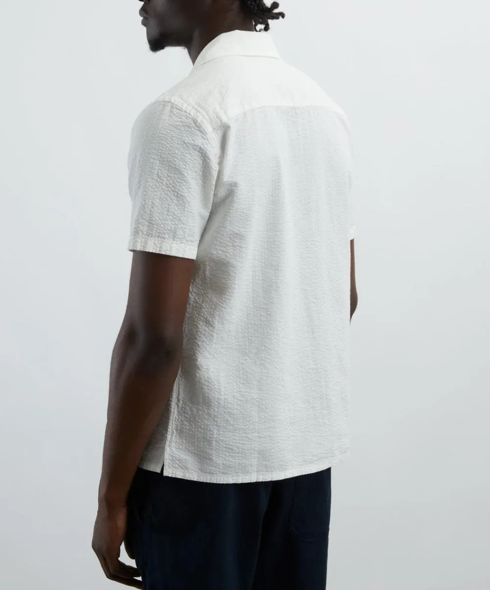 Drakes Shirts^White Cotton-Linen Seersucker Short-Sleeve Shirt