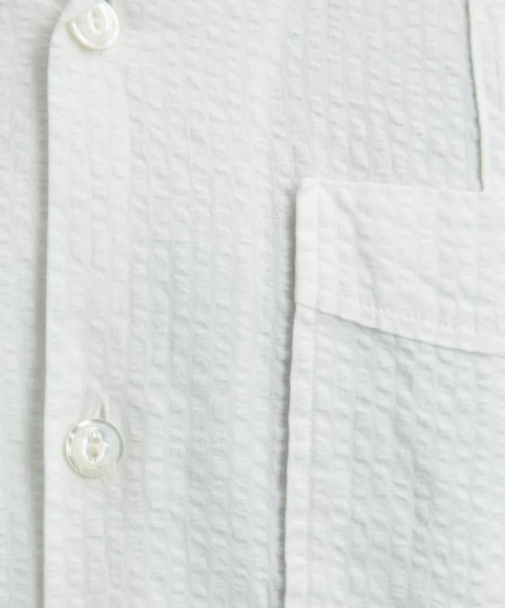 Drakes Shirts^White Cotton-Linen Seersucker Short-Sleeve Shirt