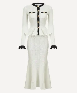 Self-Portrait Dresses^White Pointelle Knit Contrast Midi Dress