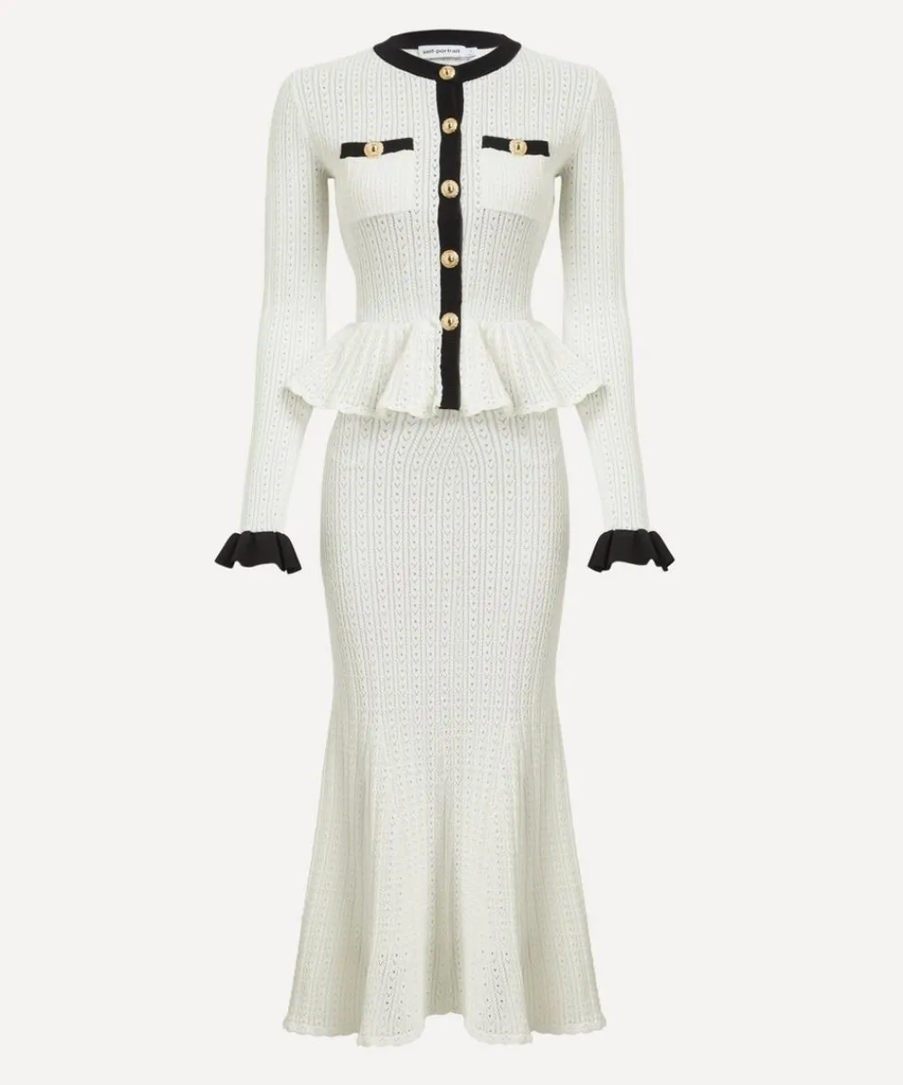 Self-Portrait Dresses^White Pointelle Knit Contrast Midi Dress