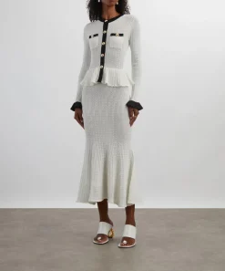 Self-Portrait Dresses^White Pointelle Knit Contrast Midi Dress