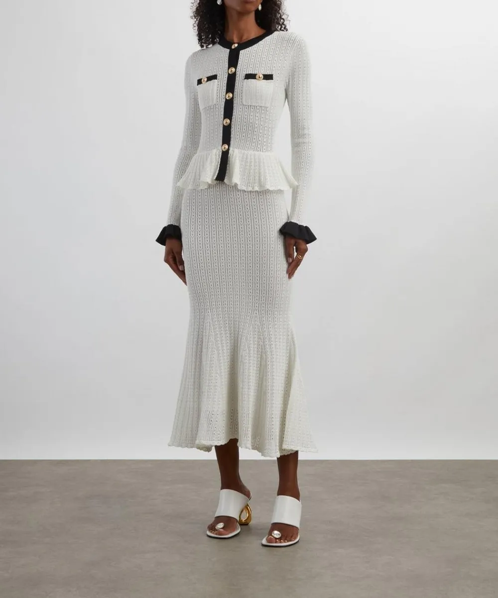 Self-Portrait Dresses^White Pointelle Knit Contrast Midi Dress